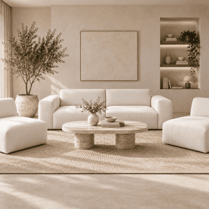 Comfy 3+1+1 minkštų baldų komplektas – šviesi sofa ir du foteliai be porankių modernioje svetainėje