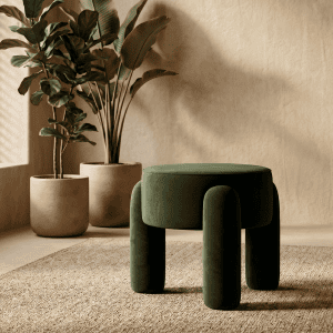 Žalias apvalus pufas Lera Green su trimis storomis kojelėmis, 46,5 × 46,5 × 41 cm