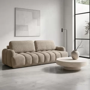 sofa Gerra su bouclé apmušalu, apvalintais porankiais ir vertikaliomis siūlėmis